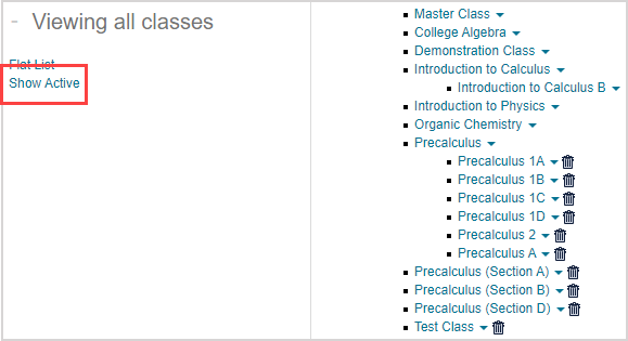 Show Active is the second link under Viewing all classes heading on the left with Tree View list of classes on the right.